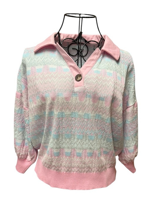 Ming Wang Sweaters - Ming Wang Pink Collared Knit Top with Mint and Cream Accents Small